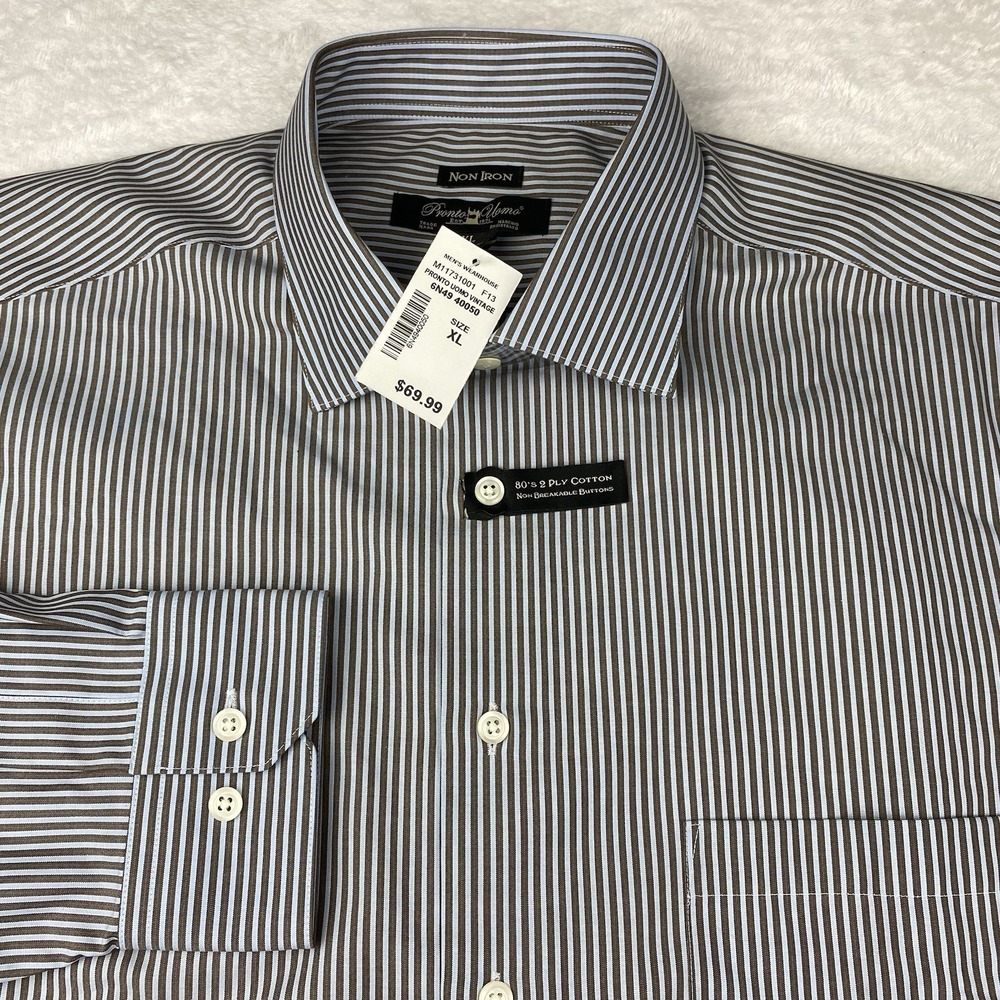 Pronto Uomo Dress Shirt Mens XL Blue/Brown Stripes Non Iron‎ New w/Tags!